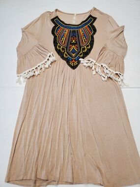 Bellamie Boho Embroidered Tunic Dress L Beige Tassel Sleeve Festival Cottagecore